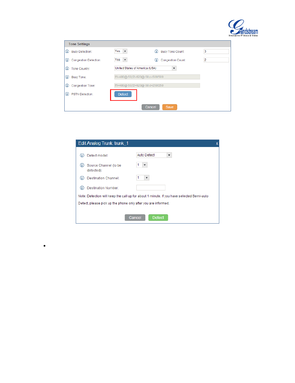 Figure 87: ucm6100 fxo tone settings, Figure 88: ucm6100 pstn detection | Grandstream UCM6100 User Manual for 1.0.9.25 User Manual | Page 150 / 306