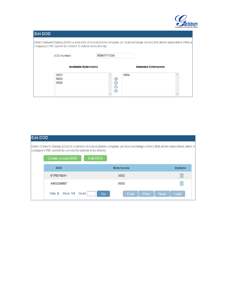Figure 91: dod extension selection, Figure 92: edit dod | Grandstream UCM6100 User Manual for 1.0.9.25 User Manual | Page 164 / 306