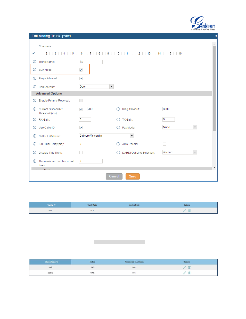 Figure 94: enable sla mode for analog trunk, Figure 95: analog trunk with sla mode enabled, Figure 96: sla example - sla station | Grandstream UCM6100 User Manual for 1.0.9.25 User Manual | Page 168 / 306
