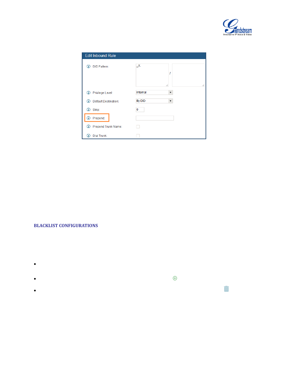 Blacklist configurations, Figure 98: inbound route feature: prepend | Grandstream UCM6100 User Manual for 1.0.9.25 User Manual | Page 175 / 306