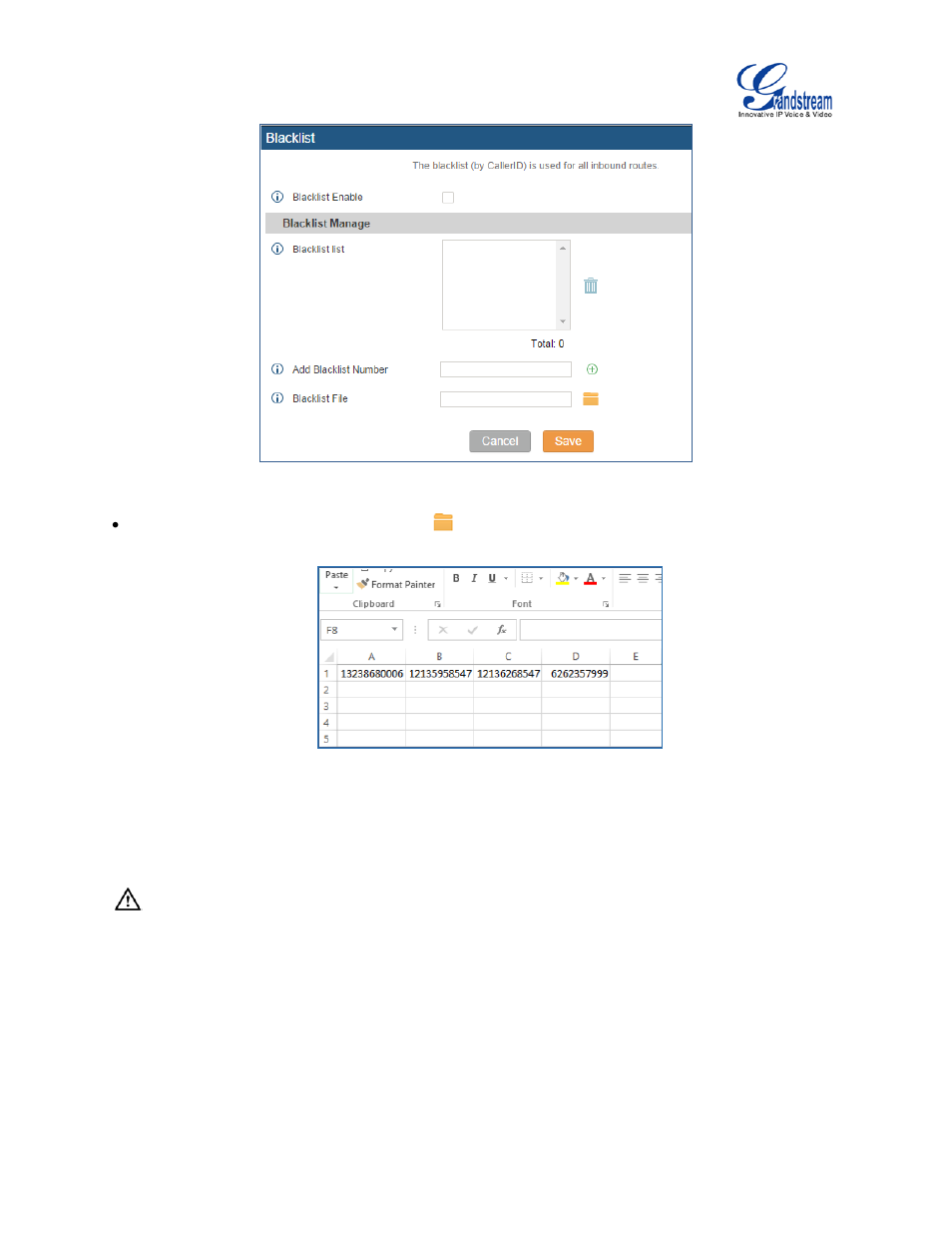 Figure 99: blacklist configuration parameters, Figure 100: blacklist csv file | Grandstream UCM6100 User Manual for 1.0.9.25 User Manual | Page 176 / 306