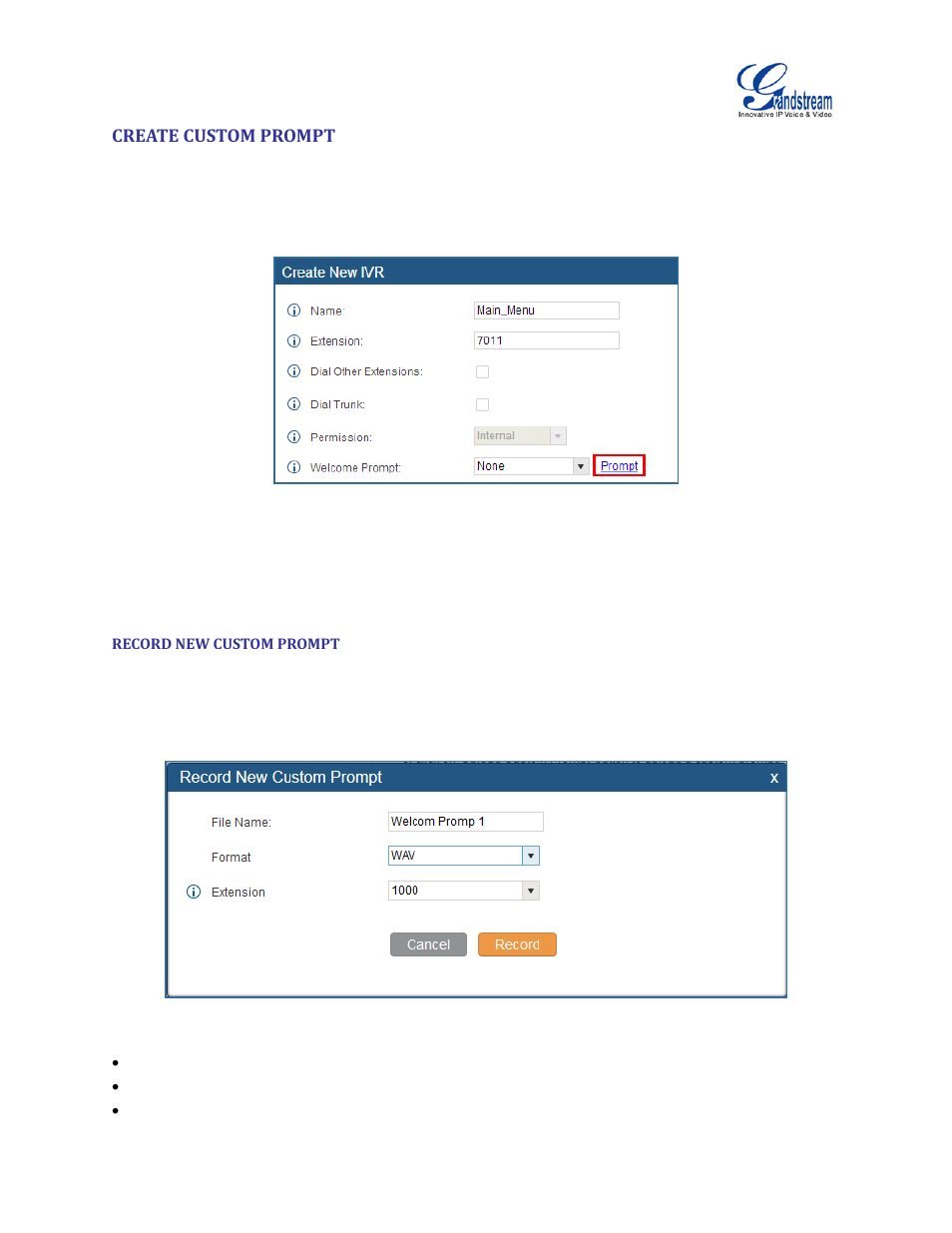 Create custom prompt, Record new custom prompt, Figure 103: click on prompt to create ivr prompt | Figure 104: record new custom prompt | Grandstream UCM6100 User Manual for 1.0.9.25 User Manual | Page 186 / 306