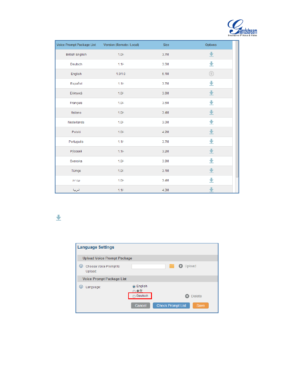 Figure 107: voice prompt package list, Figure 108: new voice prompt language added | Grandstream UCM6100 User Manual for 1.0.9.25 User Manual | Page 189 / 306