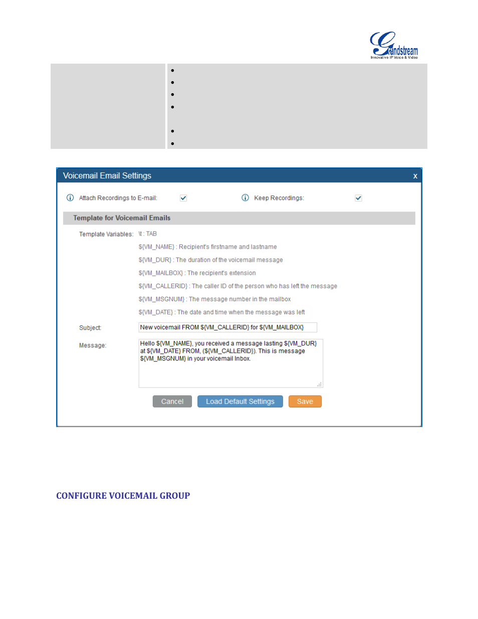 Configure voicemail group, Figure 109: voicemail email settings | Grandstream UCM6100 User Manual for 1.0.9.25 User Manual | Page 193 / 306