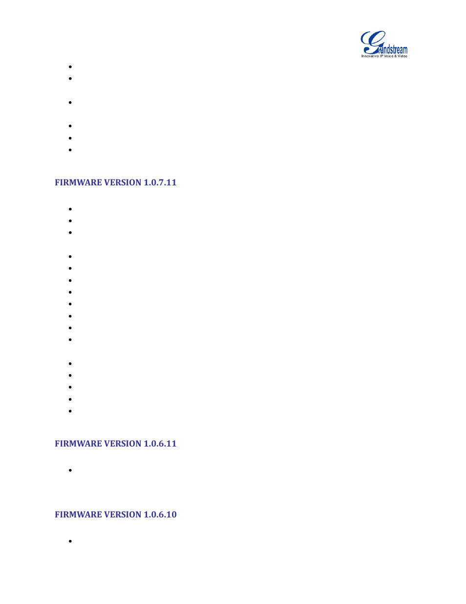 Firmware version 1.0.7.11, Firmware version 1.0.6.11, Firmware version 1.0.6.10 | Grandstream UCM6100 User Manual for 1.0.9.25 User Manual | Page 20 / 306