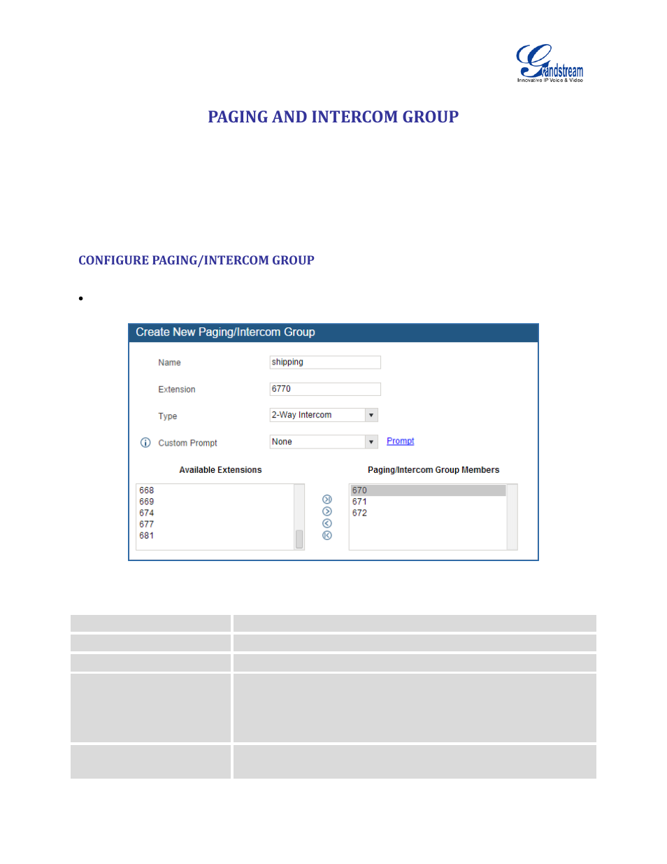 Paging and intercom group, Configure paging/intercom group, Figure 116: paging/intercom group | Table 67, Paging/intercom group configuration parameters | Grandstream UCM6100 User Manual for 1.0.9.25 User Manual | Page 202 / 306