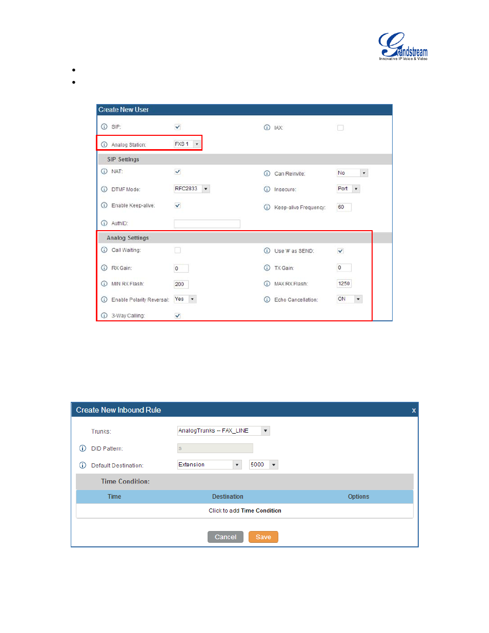 Figure 126: configure extension for fax machine, Figure 127: configure inbound rule for fax | Grandstream UCM6100 User Manual for 1.0.9.25 User Manual | Page 216 / 306