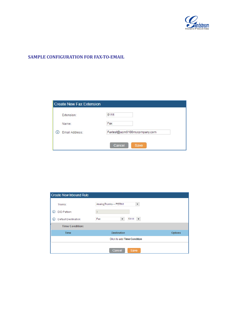 Sample configuration for fax-to-email, Figure 128: create fax extension, Figure 129: inbound route to fax extension | Grandstream UCM6100 User Manual for 1.0.9.25 User Manual | Page 217 / 306