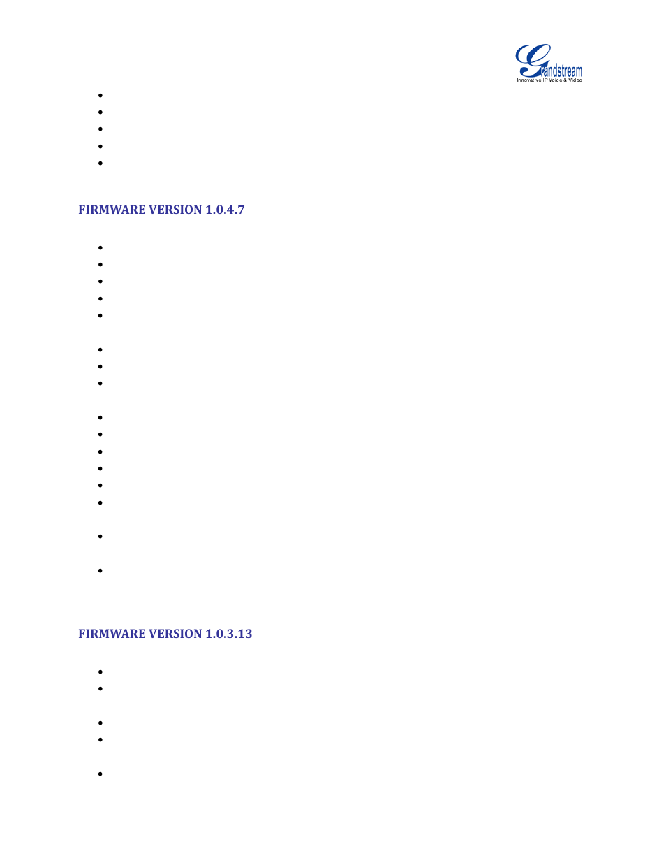 Firmware version 1.0.4.7, Firmware version 1.0.3.13 | Grandstream UCM6100 User Manual for 1.0.9.25 User Manual | Page 22 / 306