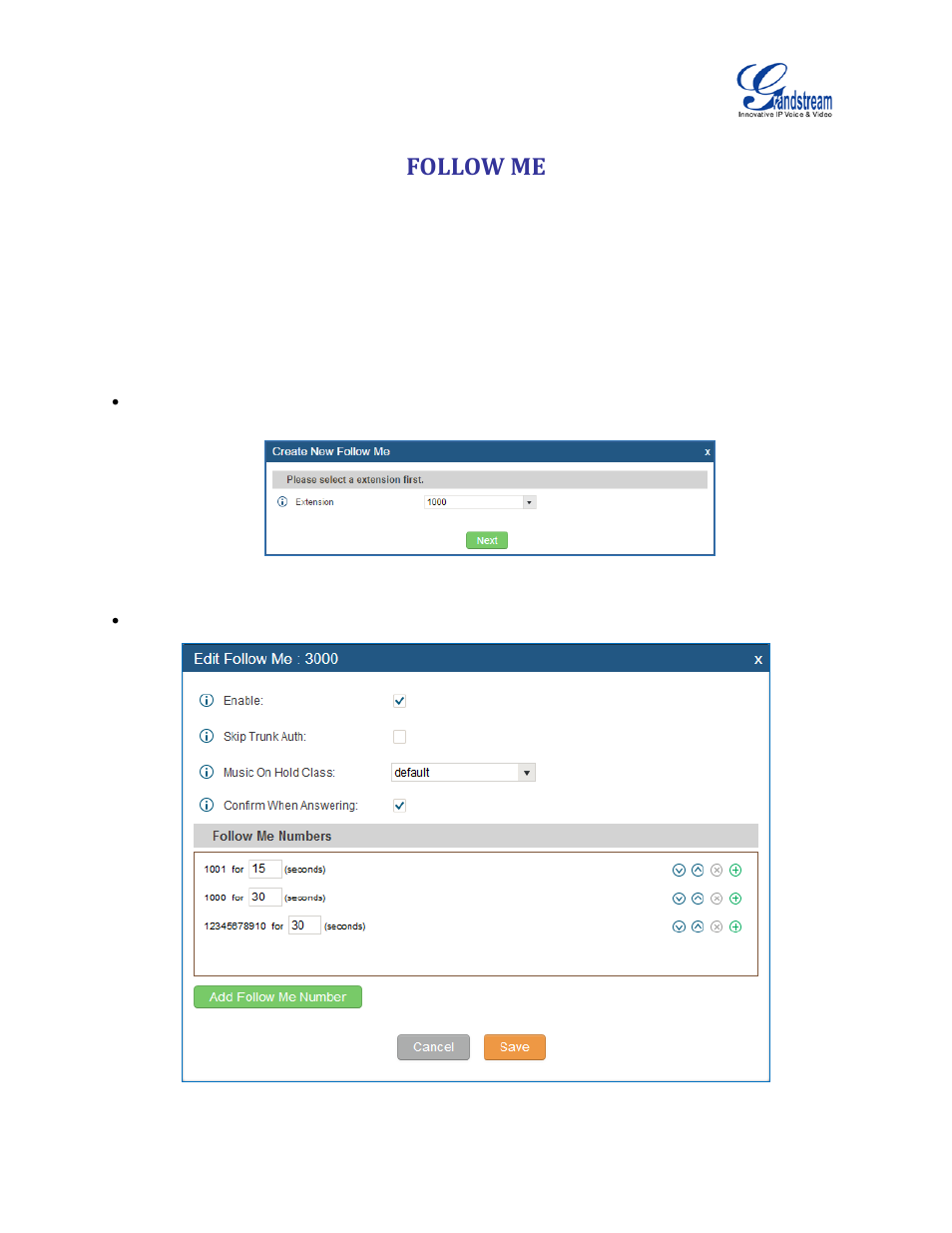 Follow me, Figure 130: create follow me, Figure 131: edit follow me | Grandstream UCM6100 User Manual for 1.0.9.25 User Manual | Page 224 / 306