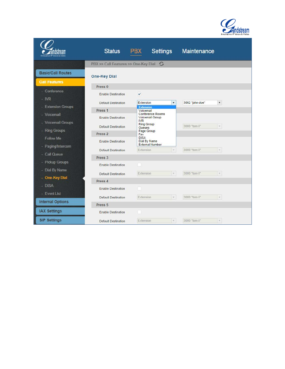 Figure 133: one-key dial destinations | Grandstream UCM6100 User Manual for 1.0.9.25 User Manual | Page 227 / 306