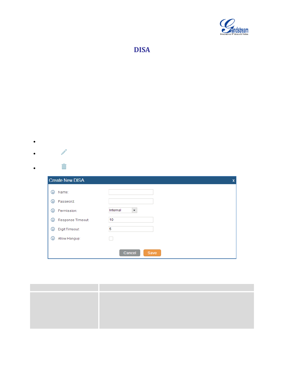 Disa, Table 72: disa settings, Figure 134: create new disa | Grandstream UCM6100 User Manual for 1.0.9.25 User Manual | Page 228 / 306