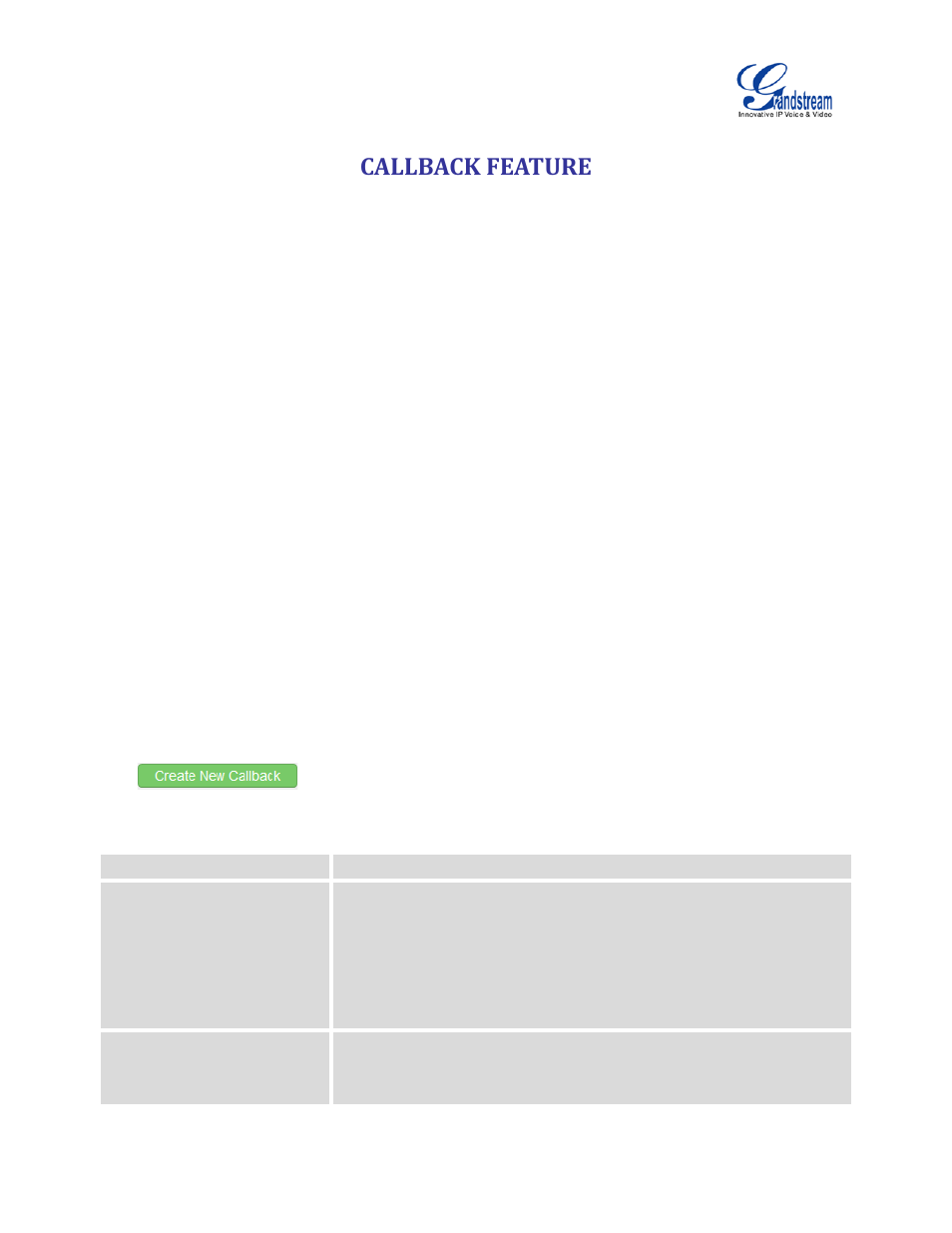 Callback feature, Table 73: callback configuration parameters | Grandstream UCM6100 User Manual for 1.0.9.25 User Manual | Page 230 / 306