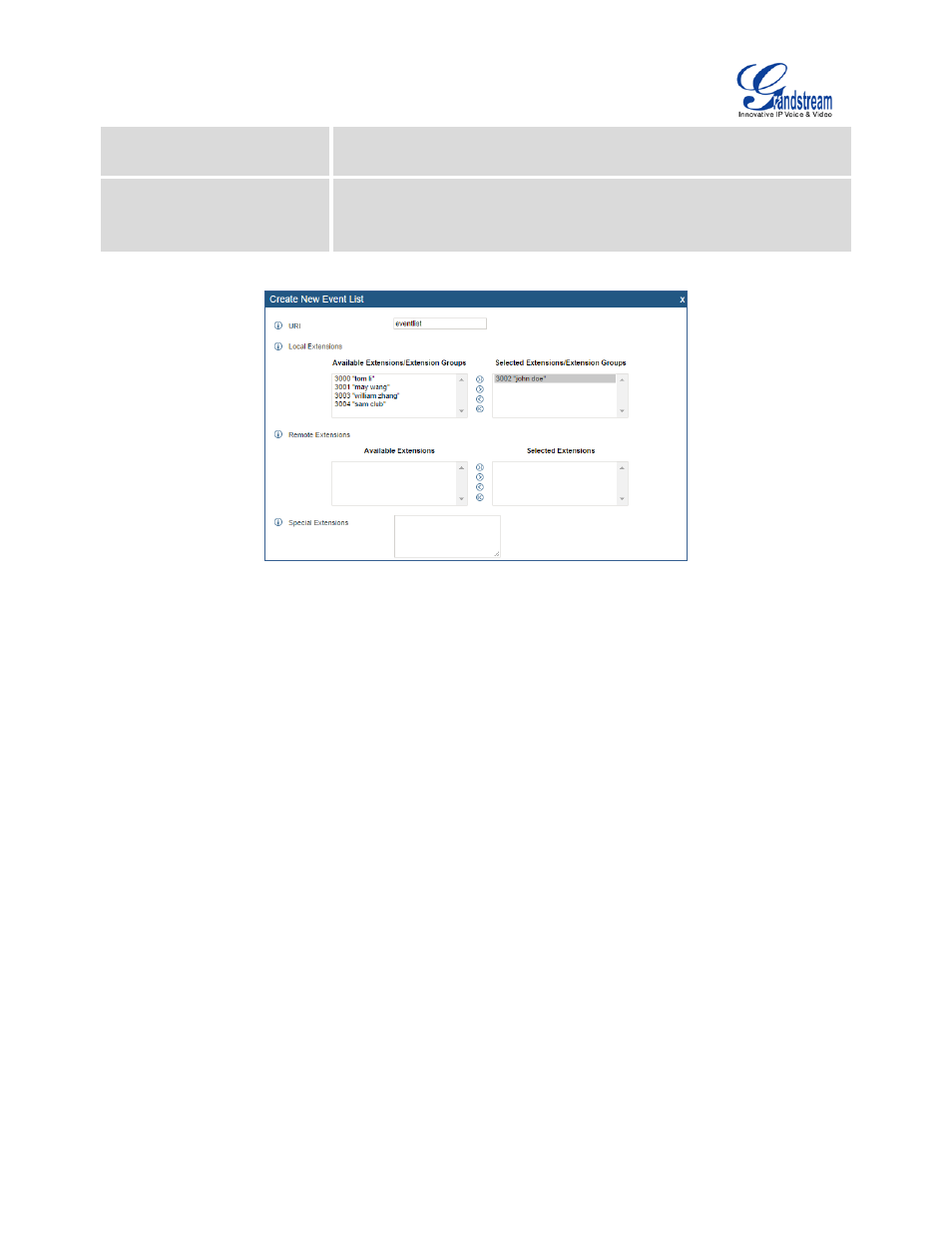 Figure 135: create new event list | Grandstream UCM6100 User Manual for 1.0.9.25 User Manual | Page 233 / 306