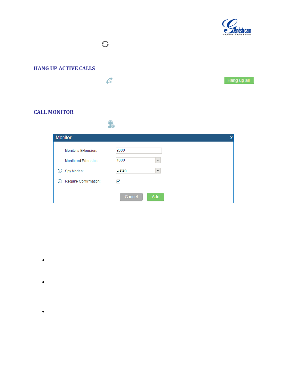 Hang up active calls, Call monitor, Figure 142: configure to monitor an active call | Grandstream UCM6100 User Manual for 1.0.9.25 User Manual | Page 241 / 306