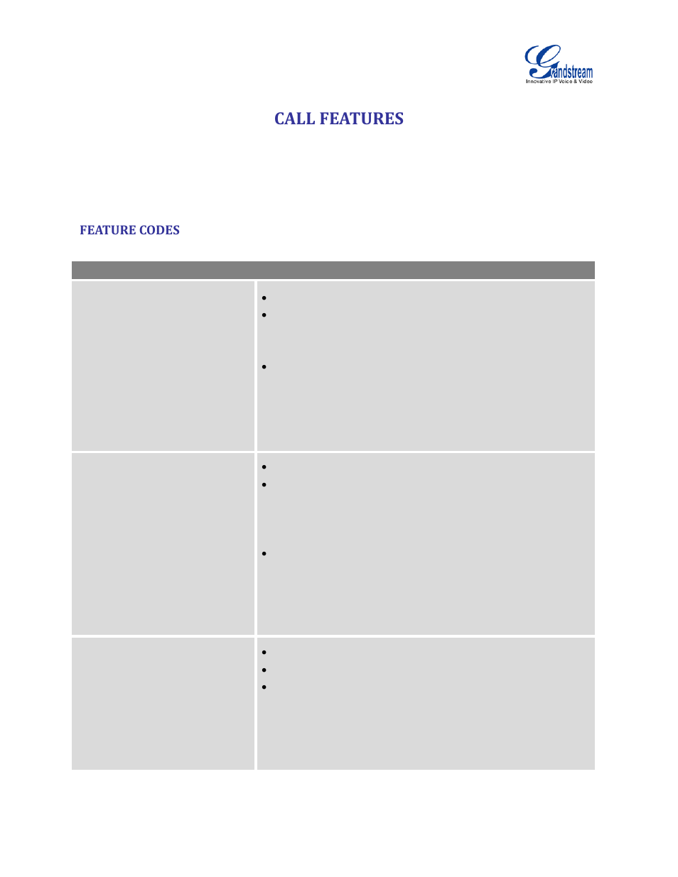 Call features, Feature codes, Table 75: ucm6100 feature codes | Table 75: ucm6100 | Grandstream UCM6100 User Manual for 1.0.9.25 User Manual | Page 244 / 306