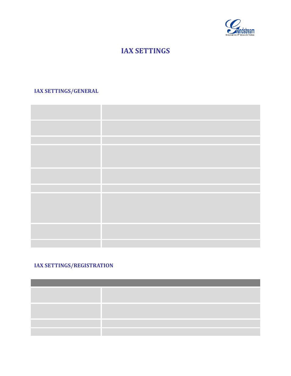 Iax settings, Iax settings/general, Iax settings/registration | Table 82: iax settings/general, Table 83: iax settings/registration | Grandstream UCM6100 User Manual for 1.0.9.25 User Manual | Page 258 / 306