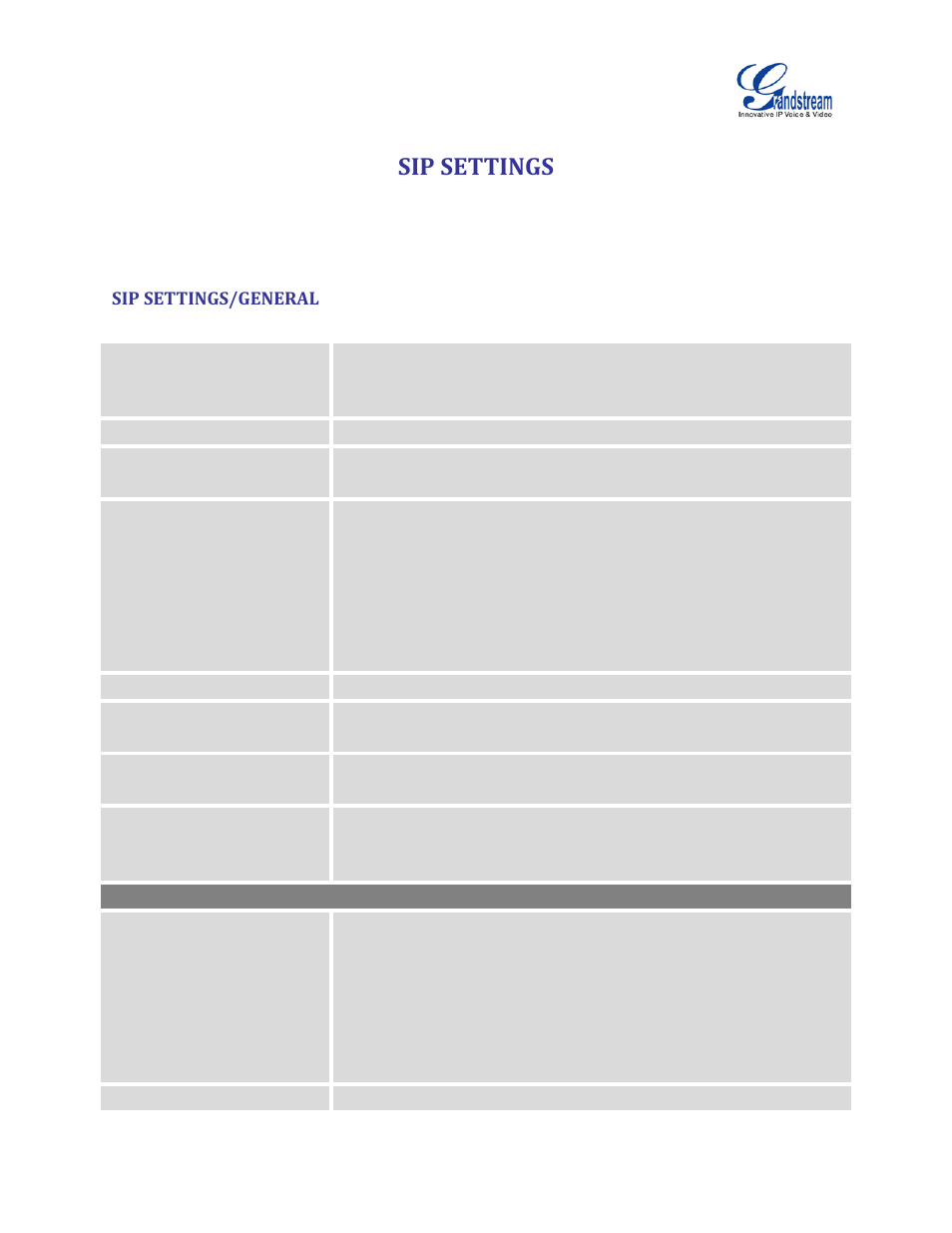 Sip settings, Sip settings/general, Table 85: sip settings/general | Grandstream UCM6100 User Manual for 1.0.9.25 User Manual | Page 260 / 306