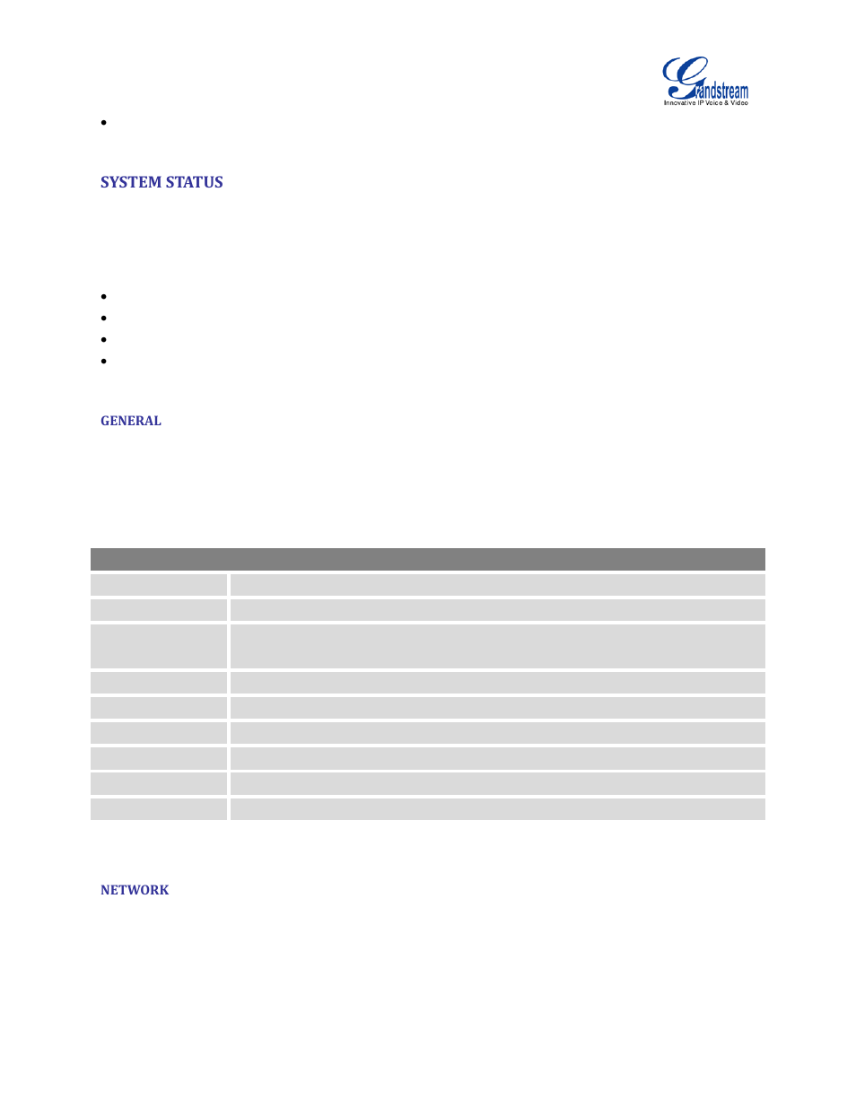 System status, General, Network | Table 96: system status->general | Grandstream UCM6100 User Manual for 1.0.9.25 User Manual | Page 274 / 306