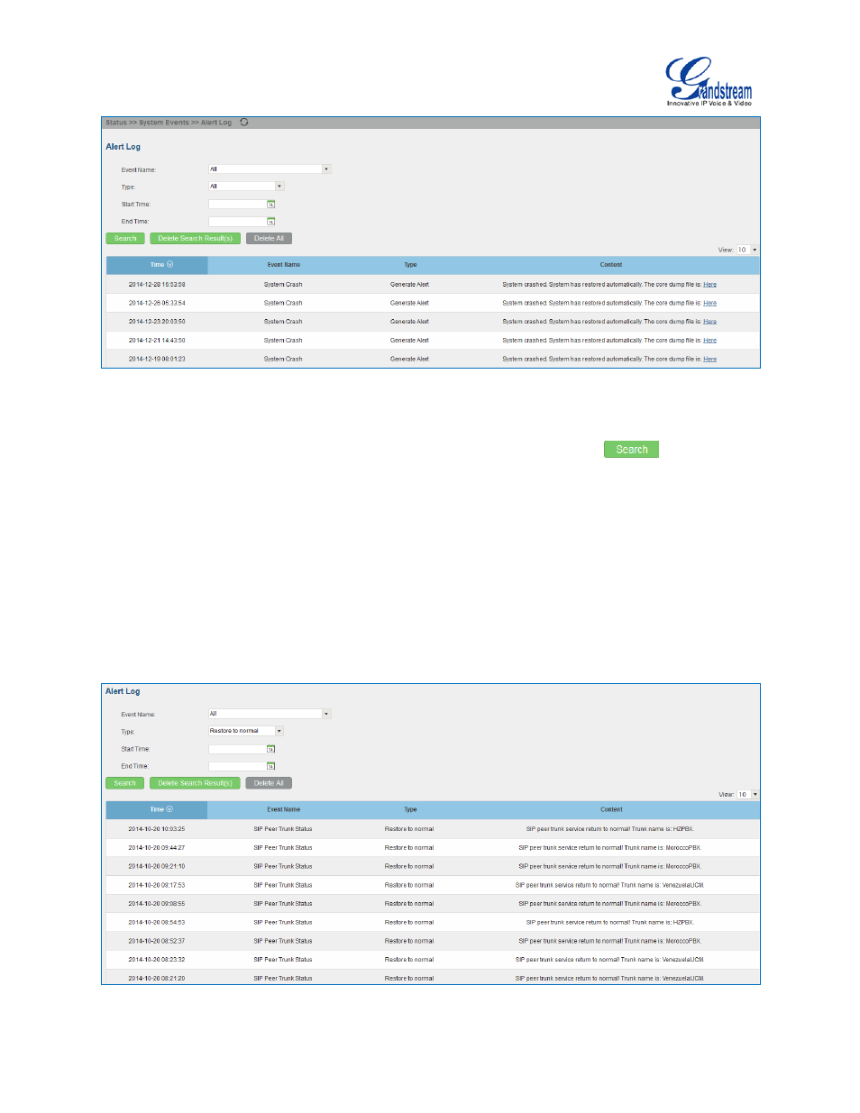 Figure 161: system events->alert log, Figure 162: filter for alert log | Grandstream UCM6100 User Manual for 1.0.9.25 User Manual | Page 279 / 306
