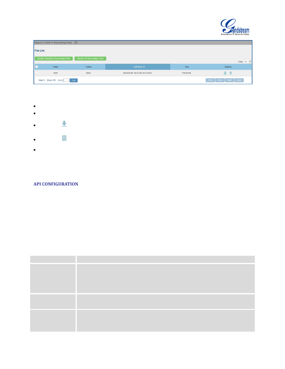 Api configuration, Table 100: api configuration files, Figure 172: cdr->recording files | Grandstream UCM6100 User Manual for 1.0.9.25 User Manual | Page 286 / 306