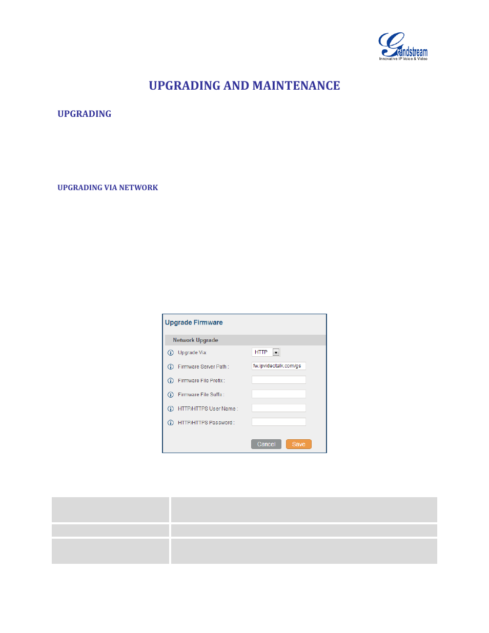 Upgrading and maintenance, Upgrading, Upgrading via network | Table 101: network upgrade configuration, Figure 173: network upgrade | Grandstream UCM6100 User Manual for 1.0.9.25 User Manual | Page 288 / 306