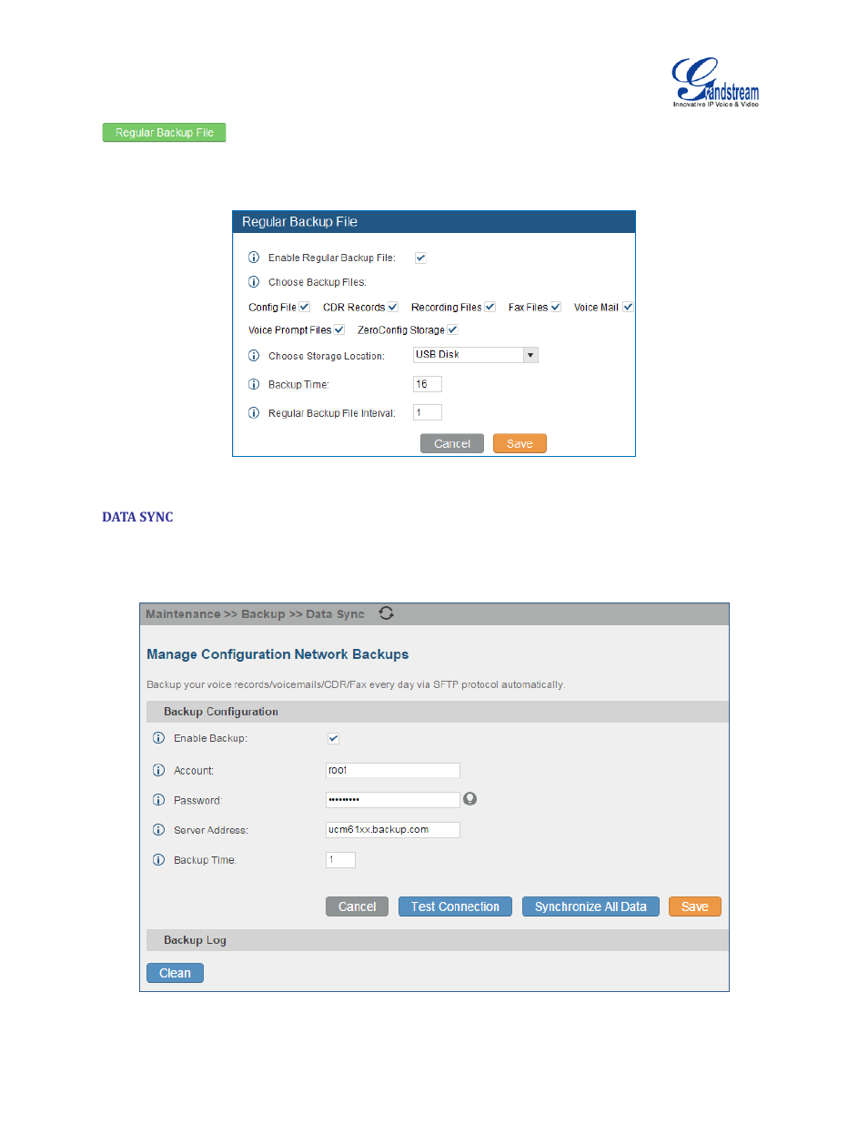 Data sync, Figure 179: local backup, Figure 180: data sync | Grandstream UCM6100 User Manual for 1.0.9.25 User Manual | Page 293 / 306