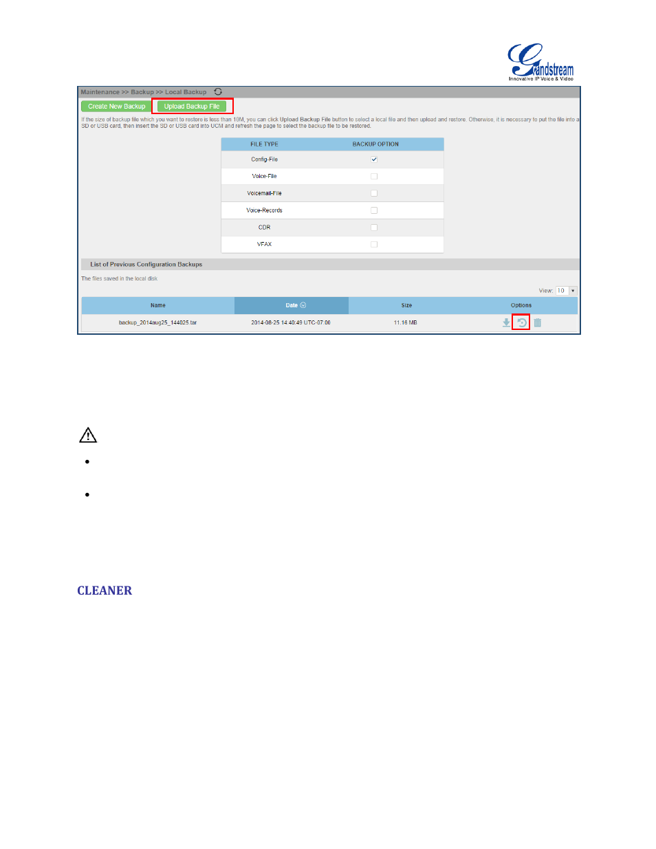 Cleaner, Figure 181: restore ucm6100 from backup file | Grandstream UCM6100 User Manual for 1.0.9.25 User Manual | Page 295 / 306