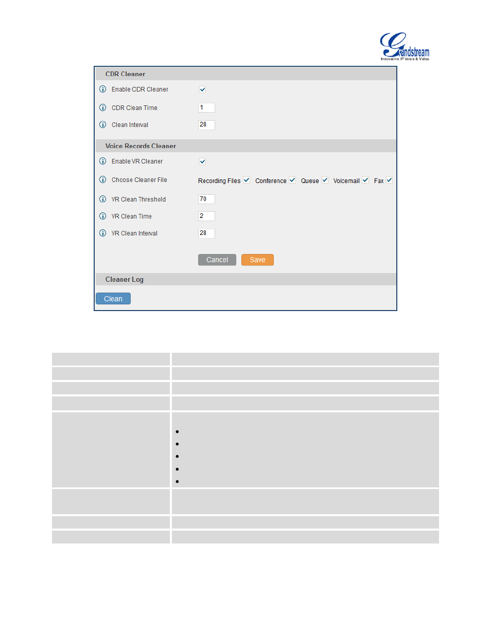 Table 103: cleaner configuration, Figure 182: cleaner | Grandstream UCM6100 User Manual for 1.0.9.25 User Manual | Page 296 / 306