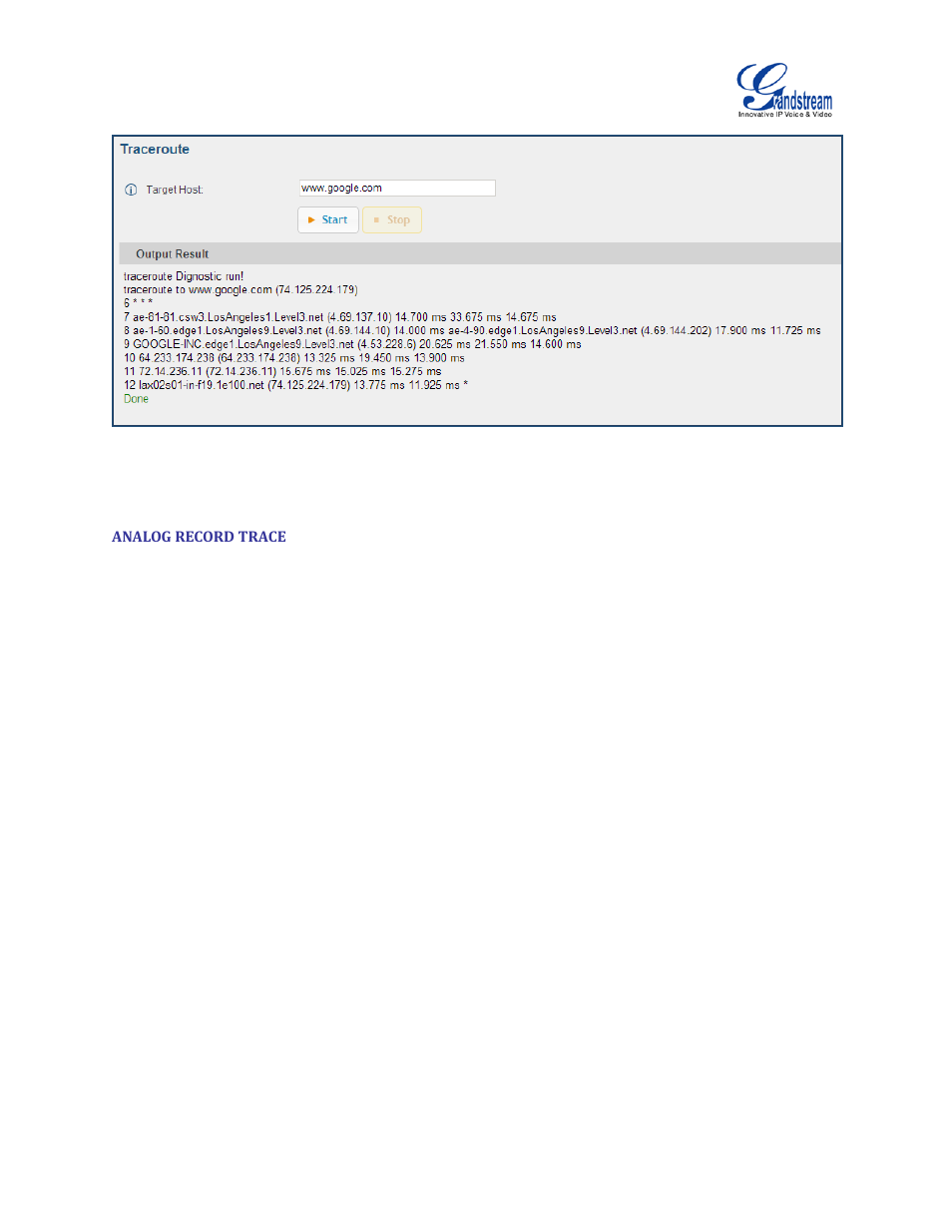 Analog record trace, Figure 186: traceroute | Grandstream UCM6100 User Manual for 1.0.9.25 User Manual | Page 300 / 306
