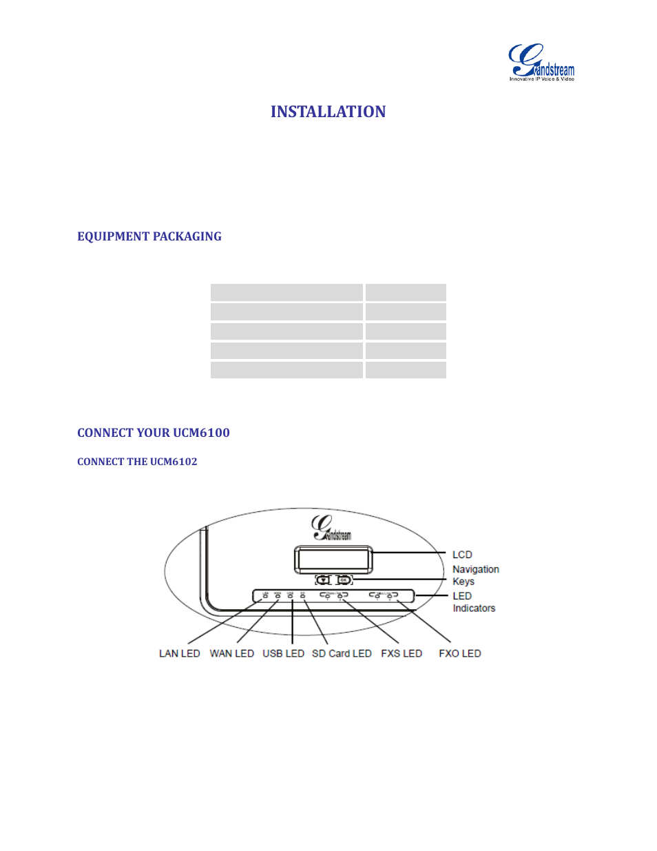Installation, Equipment packaging, Connect your ucm6100 | Connect the ucm6102, Table 2: ucm6102/ucm6104 equipment packaging, Figure 2: ucm6102 front view | Grandstream UCM6100 User Manual for 1.0.9.25 User Manual | Page 32 / 306
