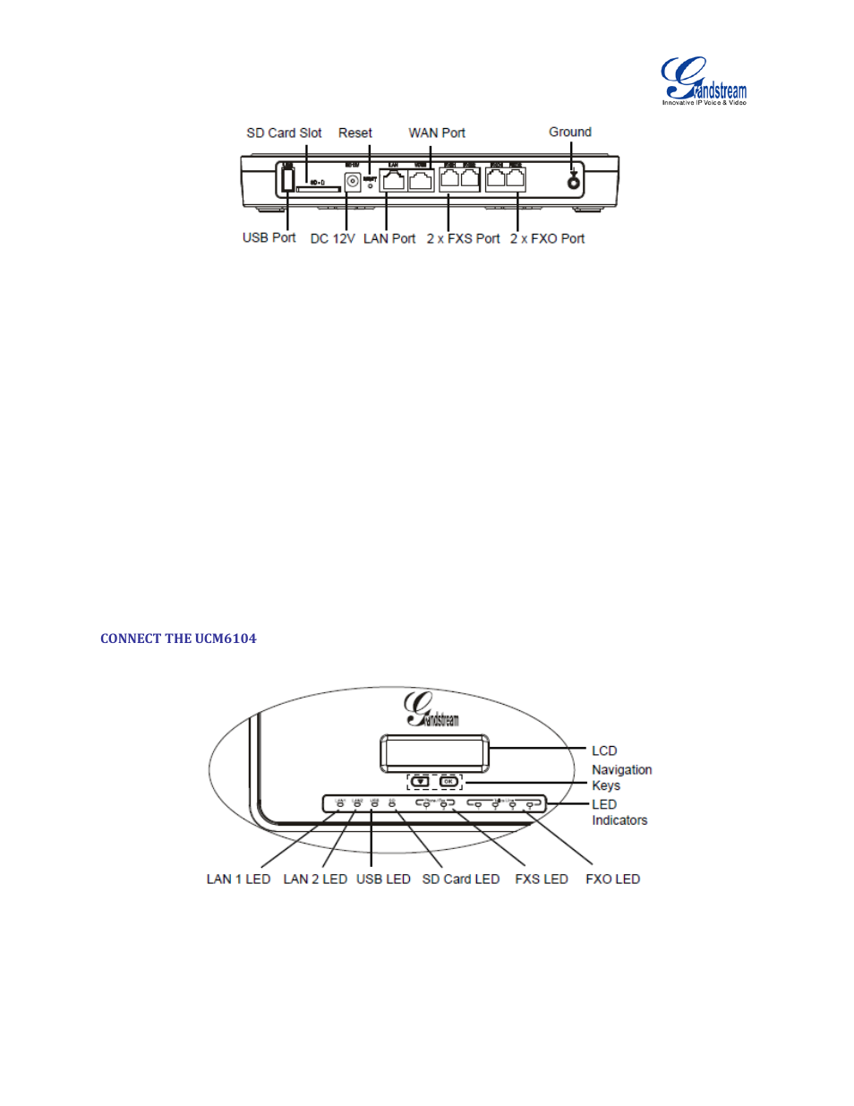 Connect the ucm6104, Figure 3: ucm6102 back view, Figure 4: ucm6104 front view | Grandstream UCM6100 User Manual for 1.0.9.25 User Manual | Page 33 / 306