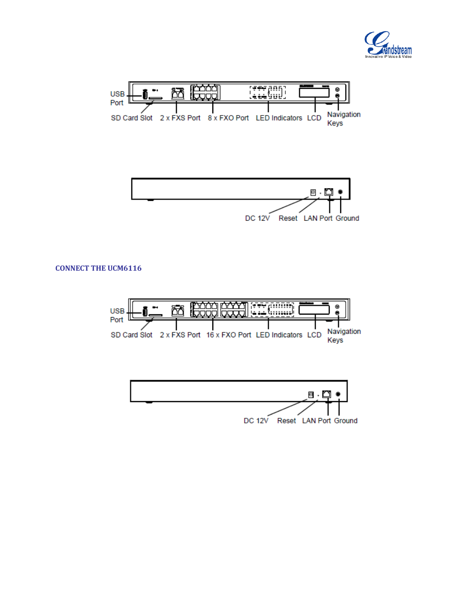 Connect the ucm6116, Figure 6: ucm6108 front view, Figure 7: ucm6108 back view | Figure 8: ucm6116 front view, Figure 9: ucm6116 back view | Grandstream UCM6100 User Manual for 1.0.9.25 User Manual | Page 35 / 306