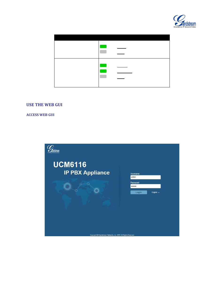 Use the web gui, Access web gui, Table 5: ucm6108/ucm6116 led indicators | Grandstream UCM6100 User Manual for 1.0.9.25 User Manual | Page 41 / 306