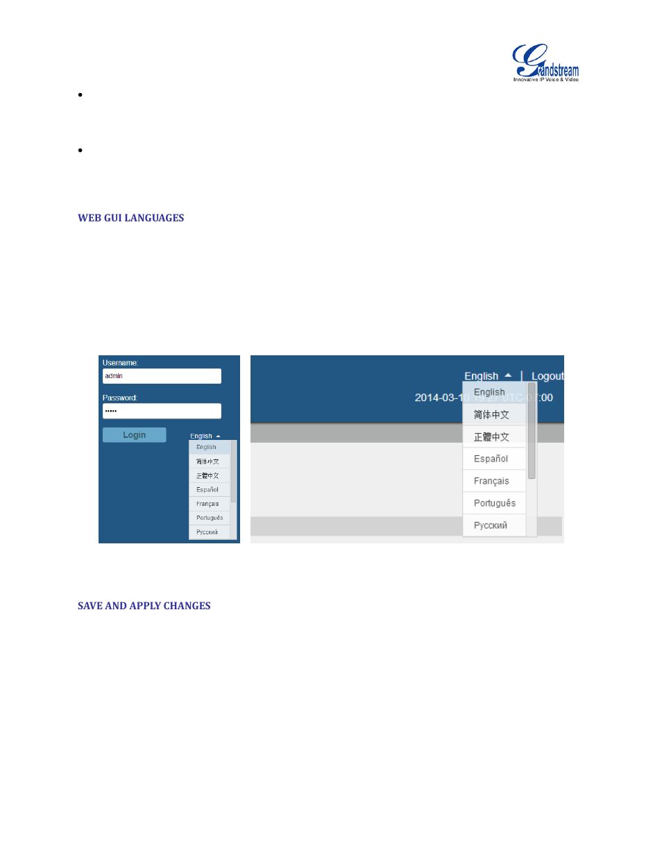Web gui languages, Save and apply changes, Figure 11: ucm6100 web gui language | Grandstream UCM6100 User Manual for 1.0.9.25 User Manual | Page 43 / 306