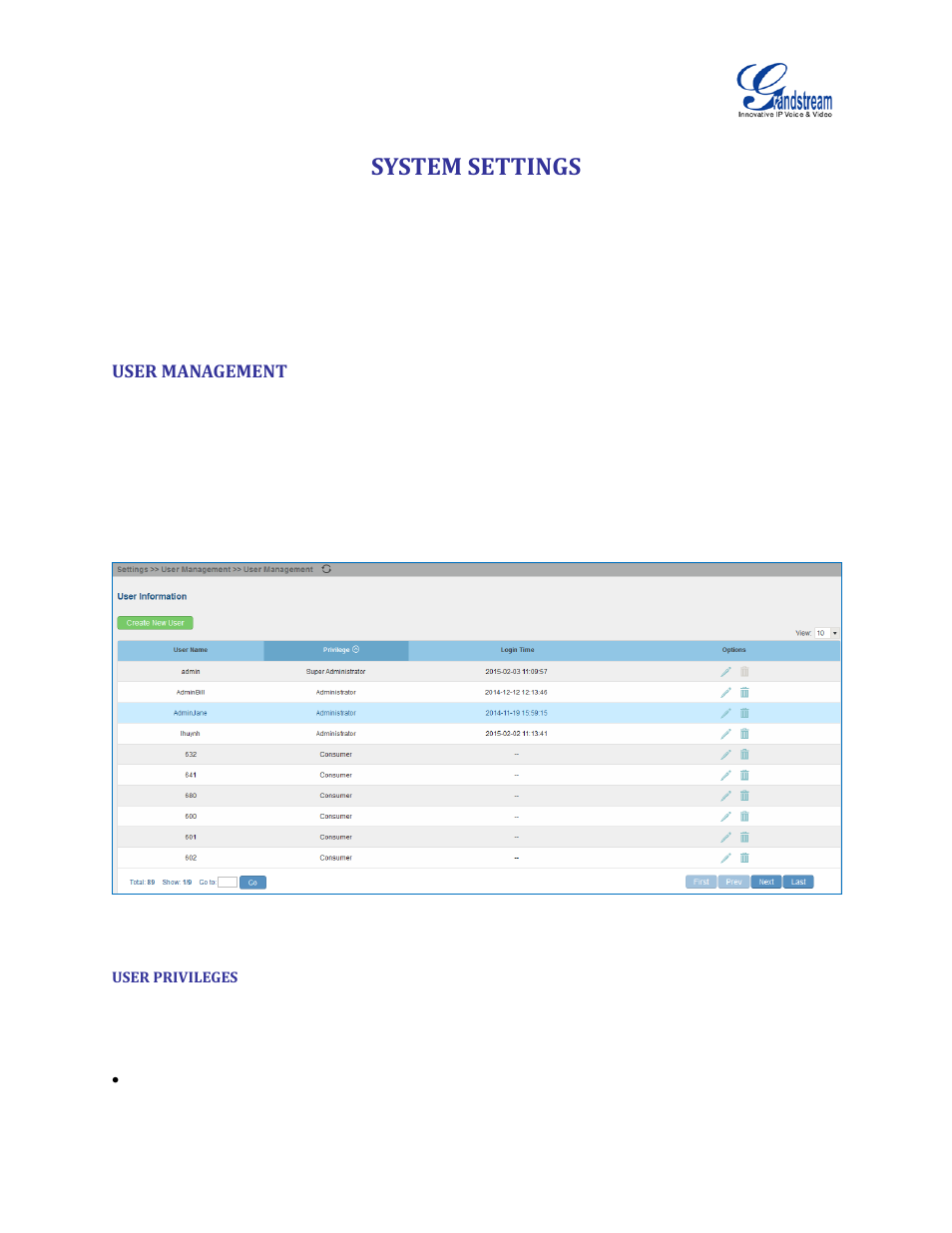 System settings, User management, User privileges | Grandstream UCM6100 User Manual for 1.0.9.25 User Manual | Page 46 / 306