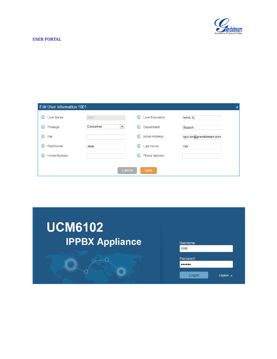 User portal, Figure 15: edit user information by super admin, Figure 16: user portal login | Grandstream UCM6100 User Manual for 1.0.9.25 User Manual | Page 49 / 306