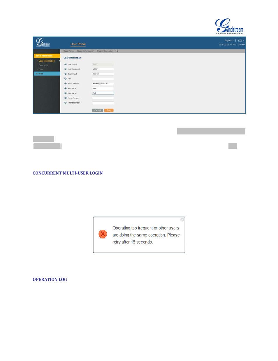 Concurrent multi-user login, Operation log, Figure 17: user portal layout | Figure 18: multiple user operation error prompt | Grandstream UCM6100 User Manual for 1.0.9.25 User Manual | Page 50 / 306