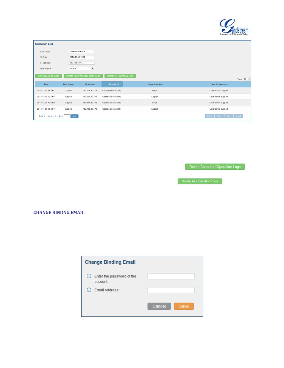 Change bindng email, Figure 20: operation logs filter, Figure 21: change binding email | Grandstream UCM6100 User Manual for 1.0.9.25 User Manual | Page 52 / 306