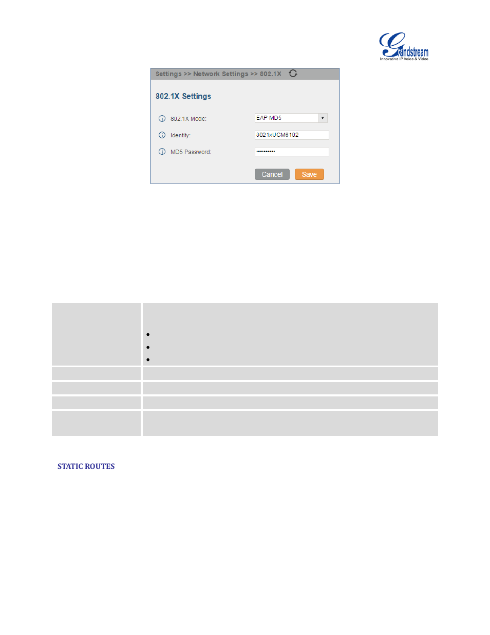 Static routes, Table 12: ucm6100 network settings->802.1x, Figure 26: ucm6100 using 802.1x eap-md5 | Grandstream UCM6100 User Manual for 1.0.9.25 User Manual | Page 61 / 306