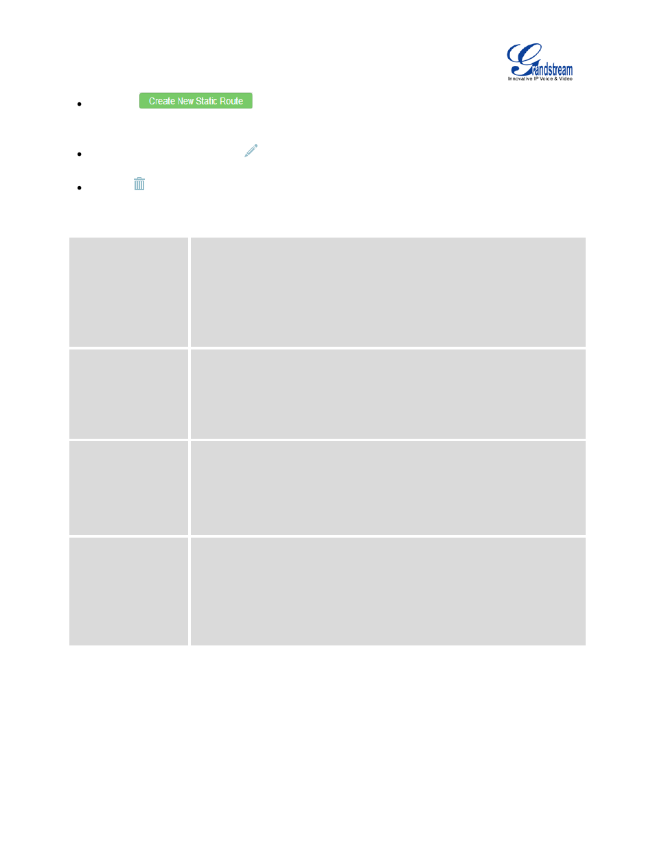 Table 13: ucm6100 network settings->static routes | Grandstream UCM6100 User Manual for 1.0.9.25 User Manual | Page 62 / 306