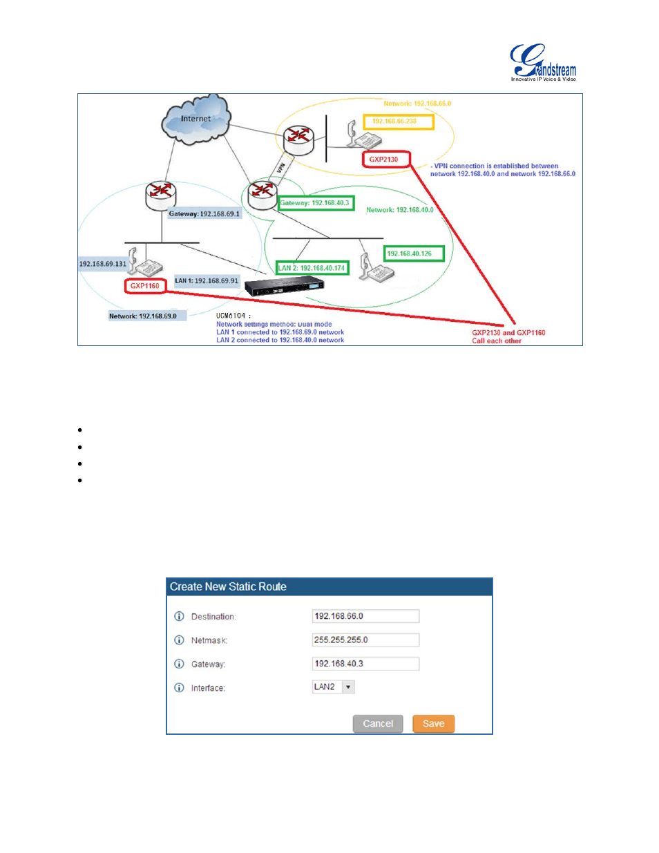 Figure 27: ucm6104 static route sample, Figure 28: ucm6104 static route configuration | Grandstream UCM6100 User Manual for 1.0.9.25 User Manual | Page 63 / 306