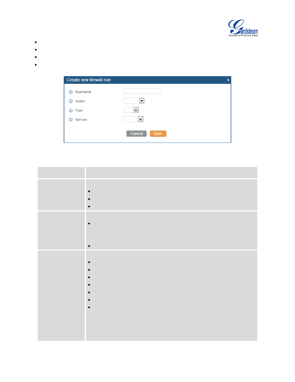 Table 17: firewall rule settings, Figure 34: create new firewall rule | Grandstream UCM6100 User Manual for 1.0.9.25 User Manual | Page 69 / 306