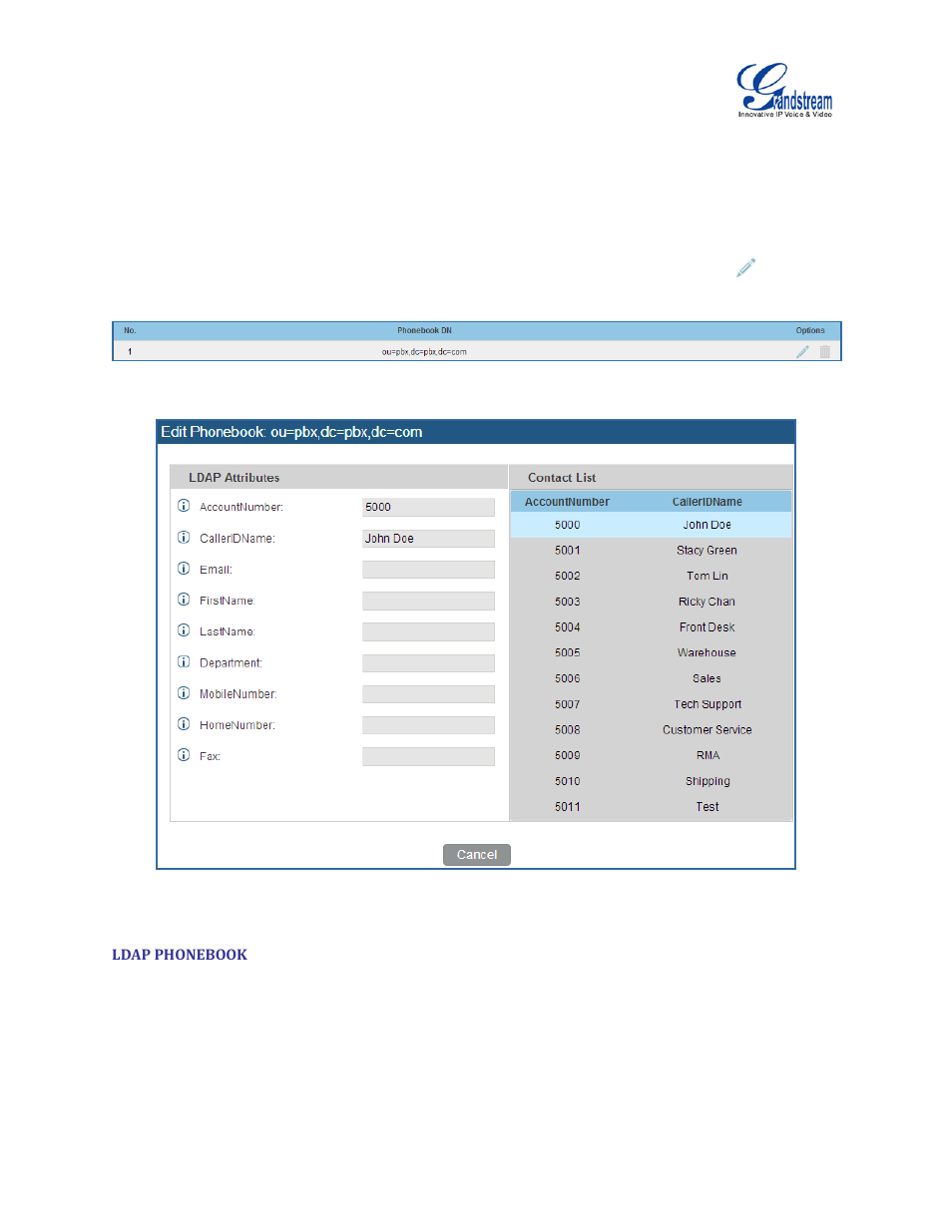 Ldap phonebook, Figure 37: default ldap phonebook dn, Figure 38: default ldap phonebook attributes | Grandstream UCM6100 User Manual for 1.0.9.25 User Manual | Page 74 / 306