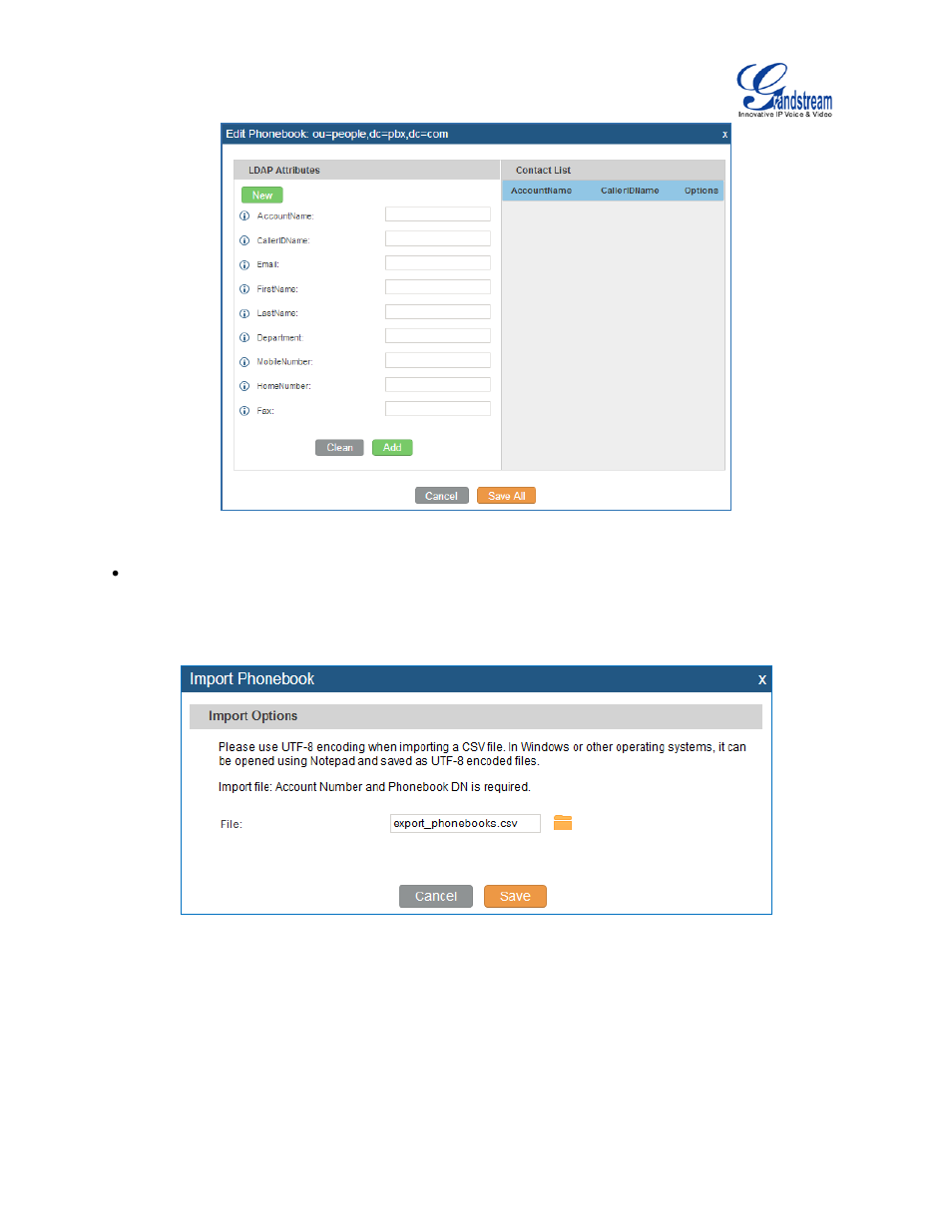 Figure 41: edit ldap phonebook, Figure 42: import phonebook | Grandstream UCM6100 User Manual for 1.0.9.25 User Manual | Page 76 / 306