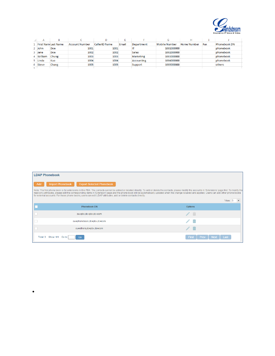 Figure 43: phonebook csv file format, Figure 44: ldap phonebook after import | Grandstream UCM6100 User Manual for 1.0.9.25 User Manual | Page 77 / 306