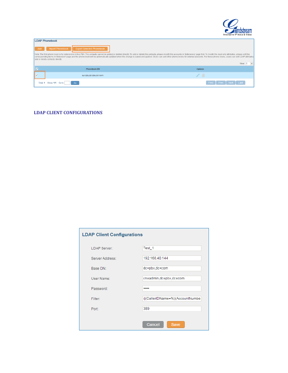 Ldap client configurations, Figure 45: export selected ldap phonebook, Figure 46: ldap client configurations | Grandstream UCM6100 User Manual for 1.0.9.25 User Manual | Page 78 / 306