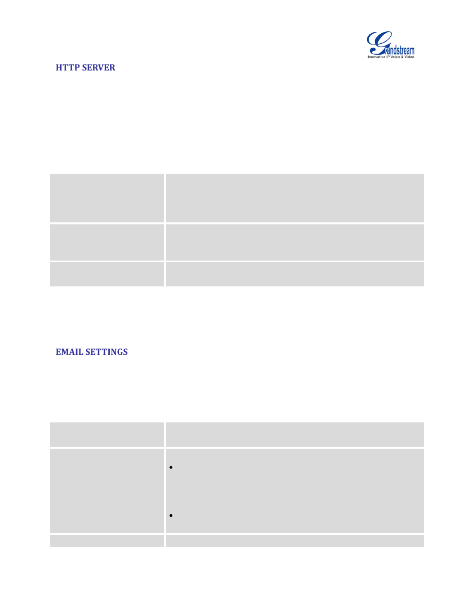 Http server, Email settings, Table 20: http server settings | Table 21: email settings | Grandstream UCM6100 User Manual for 1.0.9.25 User Manual | Page 80 / 306