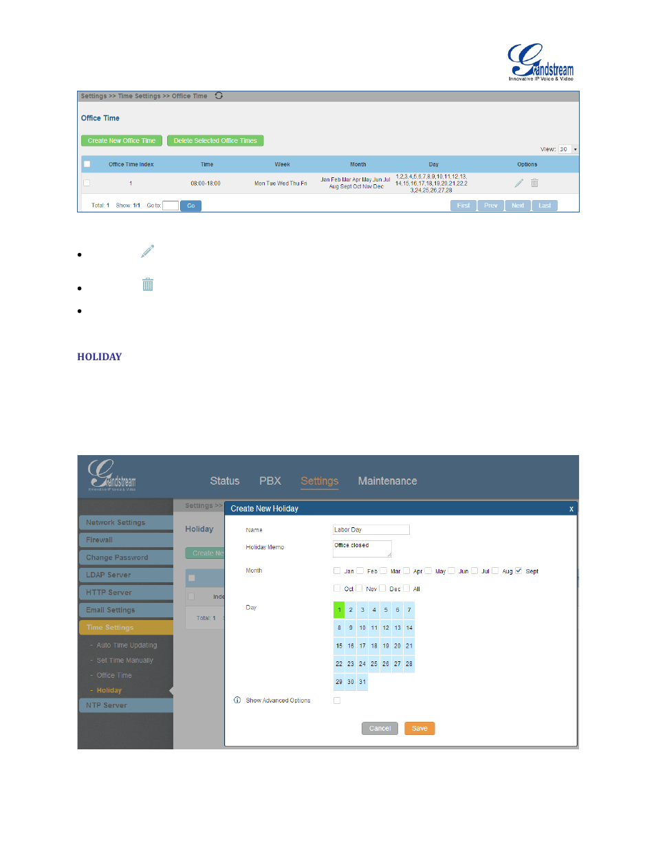 Holiday, Figure 51: settings->time settings->office time, Figure 52: create new holiday | Grandstream UCM6100 User Manual for 1.0.9.25 User Manual | Page 85 / 306