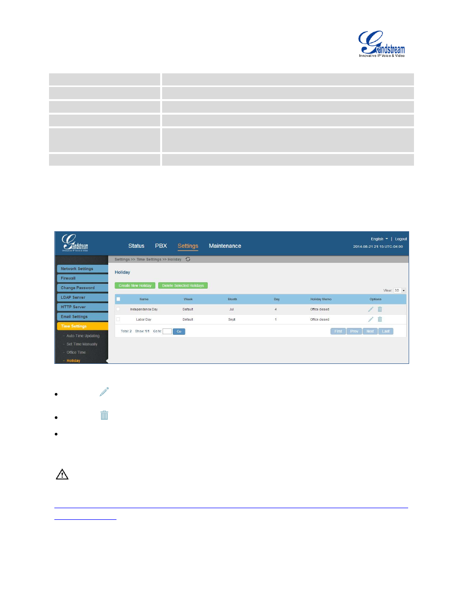 Table 24: create new holiday, Figure 53: settings->time settings->holiday | Grandstream UCM6100 User Manual for 1.0.9.25 User Manual | Page 86 / 306